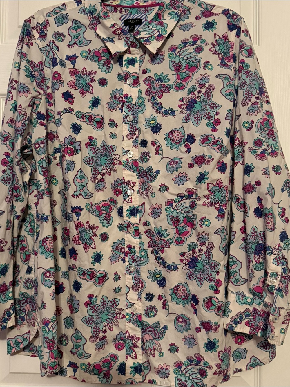 Talbots Cream Button-Up Shirt with Teal, Pink and Navy Floral Print